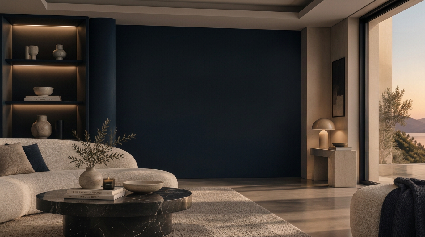 Salon VERVE avec canapé beige, mobilier haut de gamme et fond bleu marine